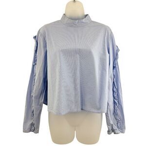 Avec Les Filles Blue Cotton Long Ruffled Sleeve Blouse Medium Blue Striped
